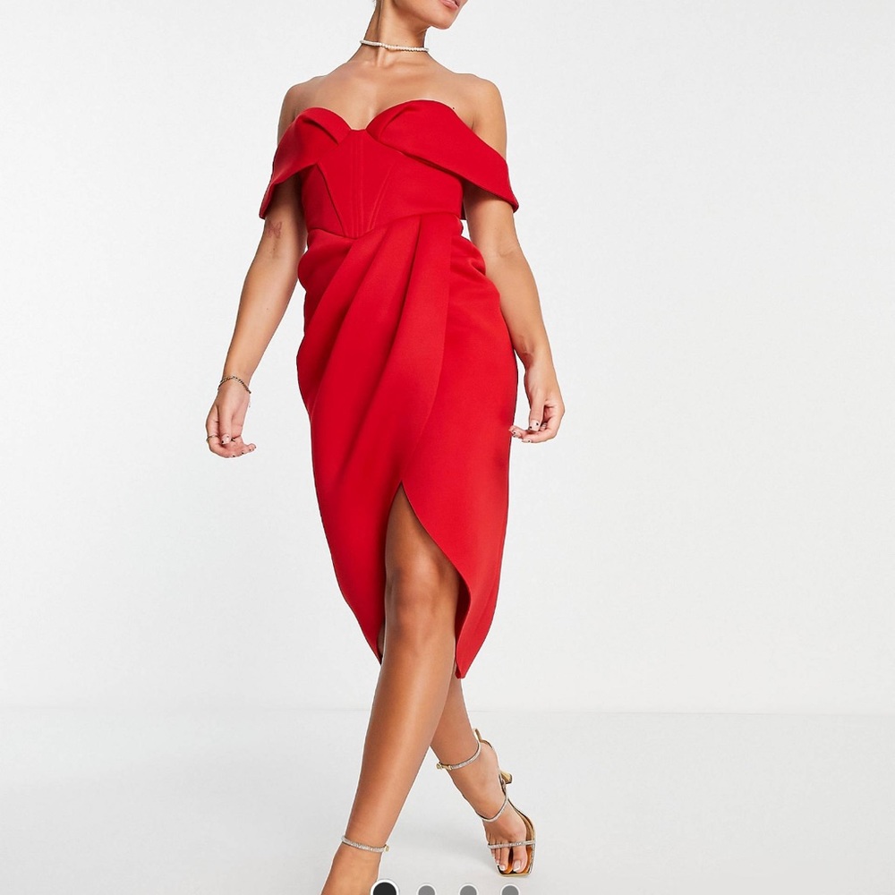 ASOS Design off shoulder corset midi dress in red
